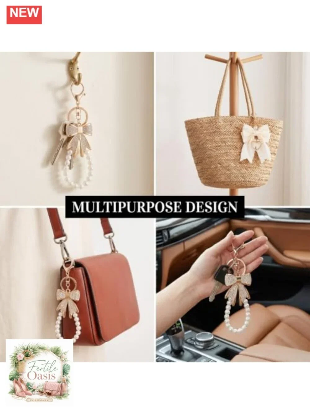 Pearl Bow Keychain Set of 2 - Cute Bag Charm for Purse, Keychain, Wristlet